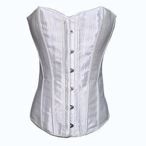 Chicastic White Satin Overbust Corset Boned Bridal Sweetheart Busk Front Lace L